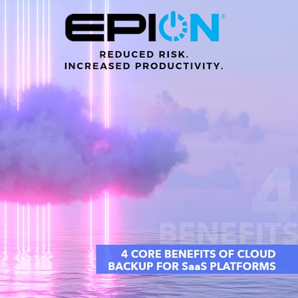 Discover Epion's cutting-edge cloud technology with a striking image of neon-lit clouds over water. Our cloud-based solutions promise reduced risk and increased productivity, highlighting four core benefits of cloud backup for SaaS platforms.