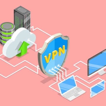 An illustration of a Virtual Private Network concept on a pink background features a shield marked VPN, connecting a computer, laptop, and tablet via white lines. To the left, there's a server and a cloud with an upward green arrow, highlighting the network's viability.