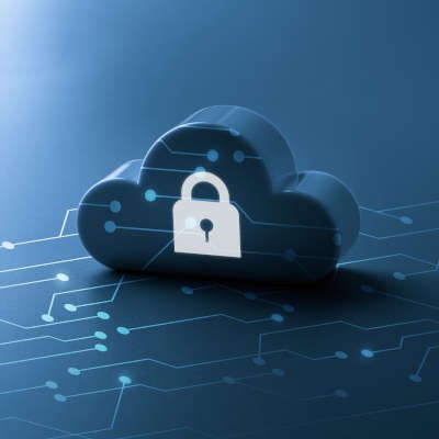 A 3D cloud icon with a padlock symbol, embodying cloud security, is seamlessly integrated into a network of glowing digital connections on a blue background, highlighting the forefront of technology.