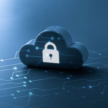 A 3D cloud icon with a padlock symbol, embodying cloud security, is seamlessly integrated into a network of glowing digital connections on a blue background, highlighting the forefront of technology.