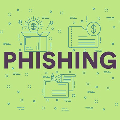 Illustration with the word Phishing in bold letters. Surrounding icons depict a brain in a box, a folder with a dollar sign, and papers in a folder, emphasizing phishing prevention. This is all set against a light green background with digital motifs.